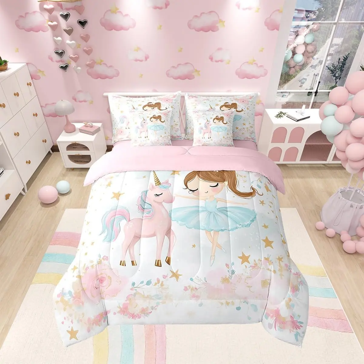 7 Pieces Princess Comforter Set,Cute Unicorn and Ballerina Bedding Set Princess,Watercolor Flower Bed in a Bag with Comforter,Fitted Sheet,Flat Sheet and Pillowcases