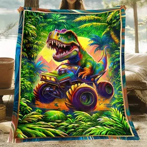 T-Rex Dinosaur Riding Sports Car Flannel Throw Blanket – Versatile Lightweight Polyester Fiber, All-Season Cozy Chunky Knit for Home & Outdoor Use, Machine Washable – Ideal for Couch, Camping & Gift 076