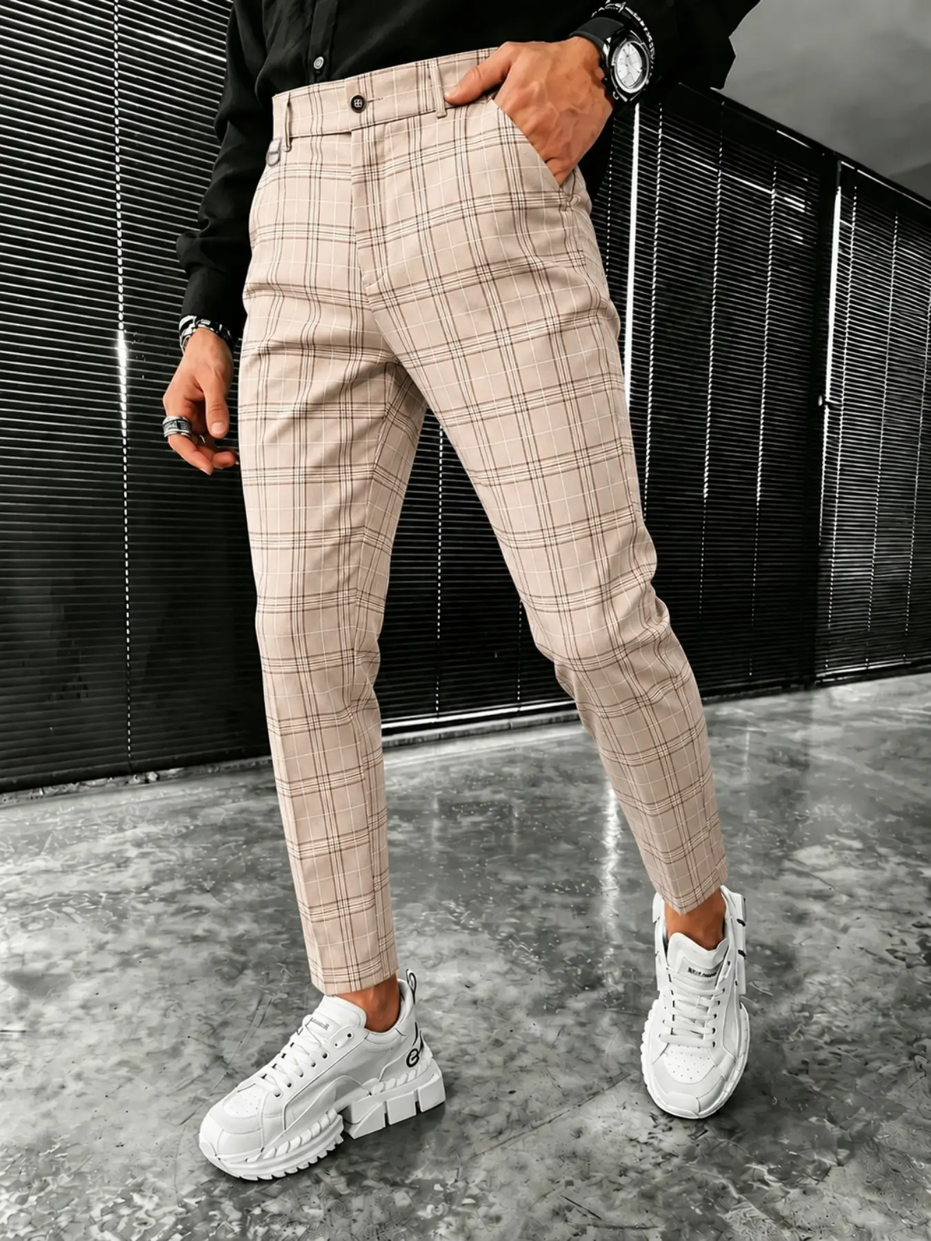 Men's Fashion Casual Classic Versatile Slim Fit Plaid Checkered Blazer Pants, Essential Formal Business Wear, All Seasons, Plain Surface, Unlined