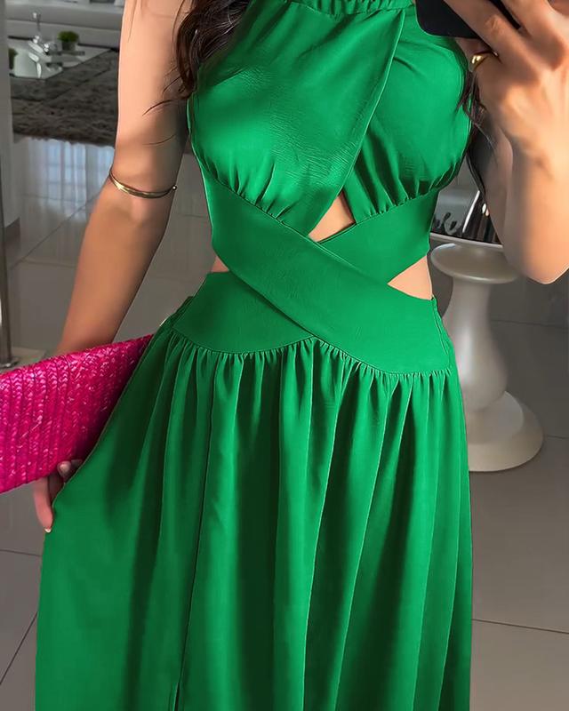 ChicMe Women's Halter Sleeveless Valentine's Day Tied Detail Shirred Criss Cross Flared Dress/Halter Sleeveless Flared Evening Dress Glamorous Wedding Guest Evening Wedding Dress