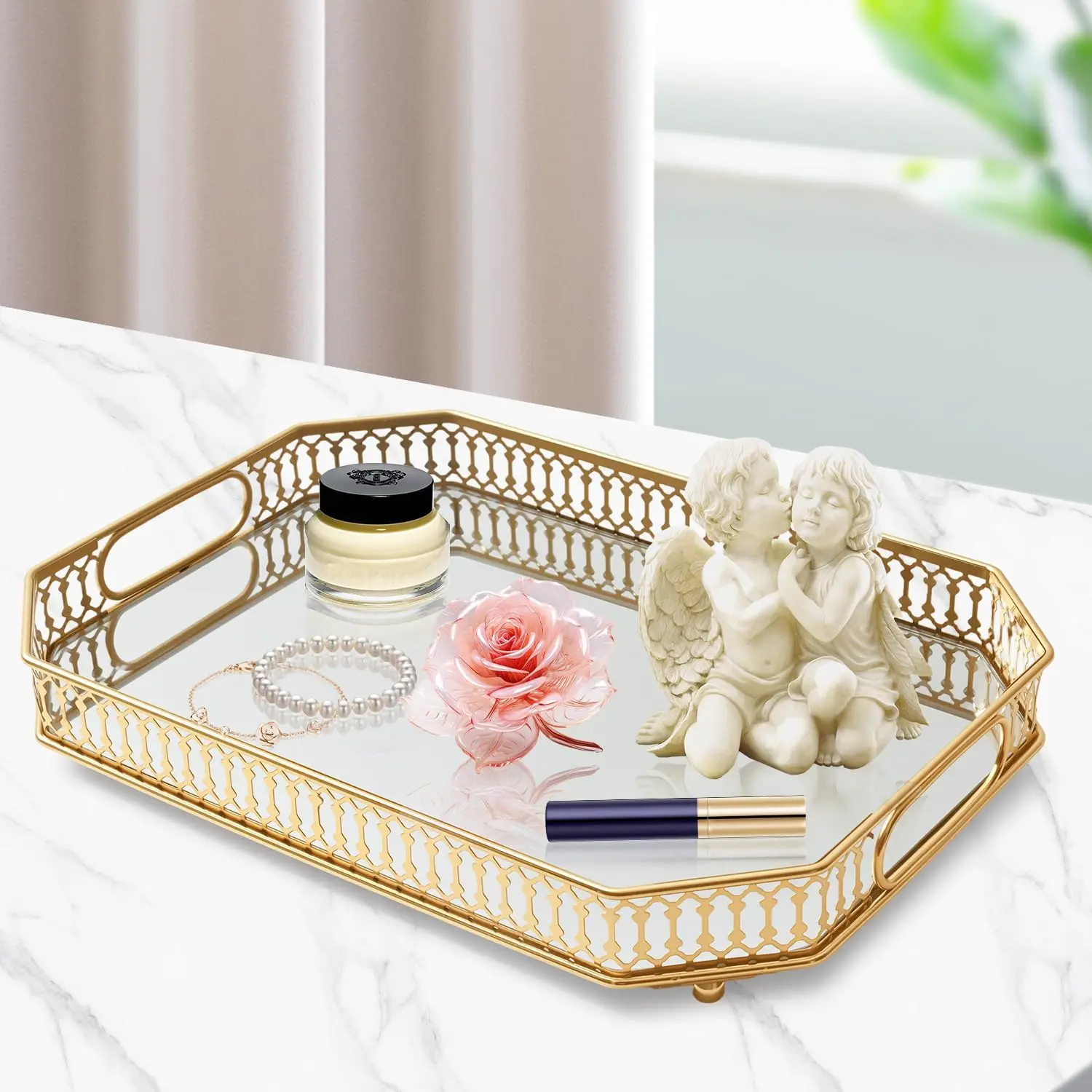 Large Gold Durable Decorative Organizer - Scratch-Resistant, Spacious with Handle for Dresser, Bedroom, Bathroom Countertops, Vanity, Makeup Vanity