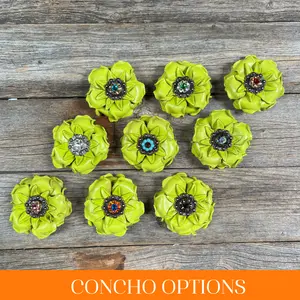 Lime Gardenia Leather Flowers - 1" Crystal Conchos - Options
