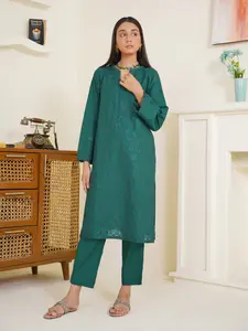 03-Piece Lawn Embroidered Suit Dark Green Ready To Wear - Fashionable Dark Green Kurta with Matching Bottoms Set