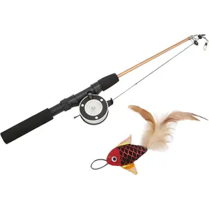 Cat Fishing Pole Toy, Fishing Pole Cat Toy Cat Teaser Wand Cat Wand Toys Flexible Interactive Pulley Telescopic Fishing Rod Cat Toy (Red Fish + Fishing Rod)