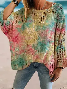 Spring and summer round neck diamond hollow batwing sleeve knitted top, printed loose vacation-style cardigan, casual, elegant and versatile for commuting.