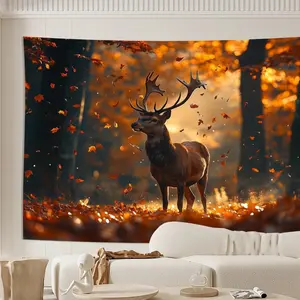 Vintage Style 3D Deer in Autumn Forest Wall Tapestry - Polyester Hanging Decor for Living Room, Bedroom, Office, Party Decoration - No Electricity Required, Featherless Tree Home Design