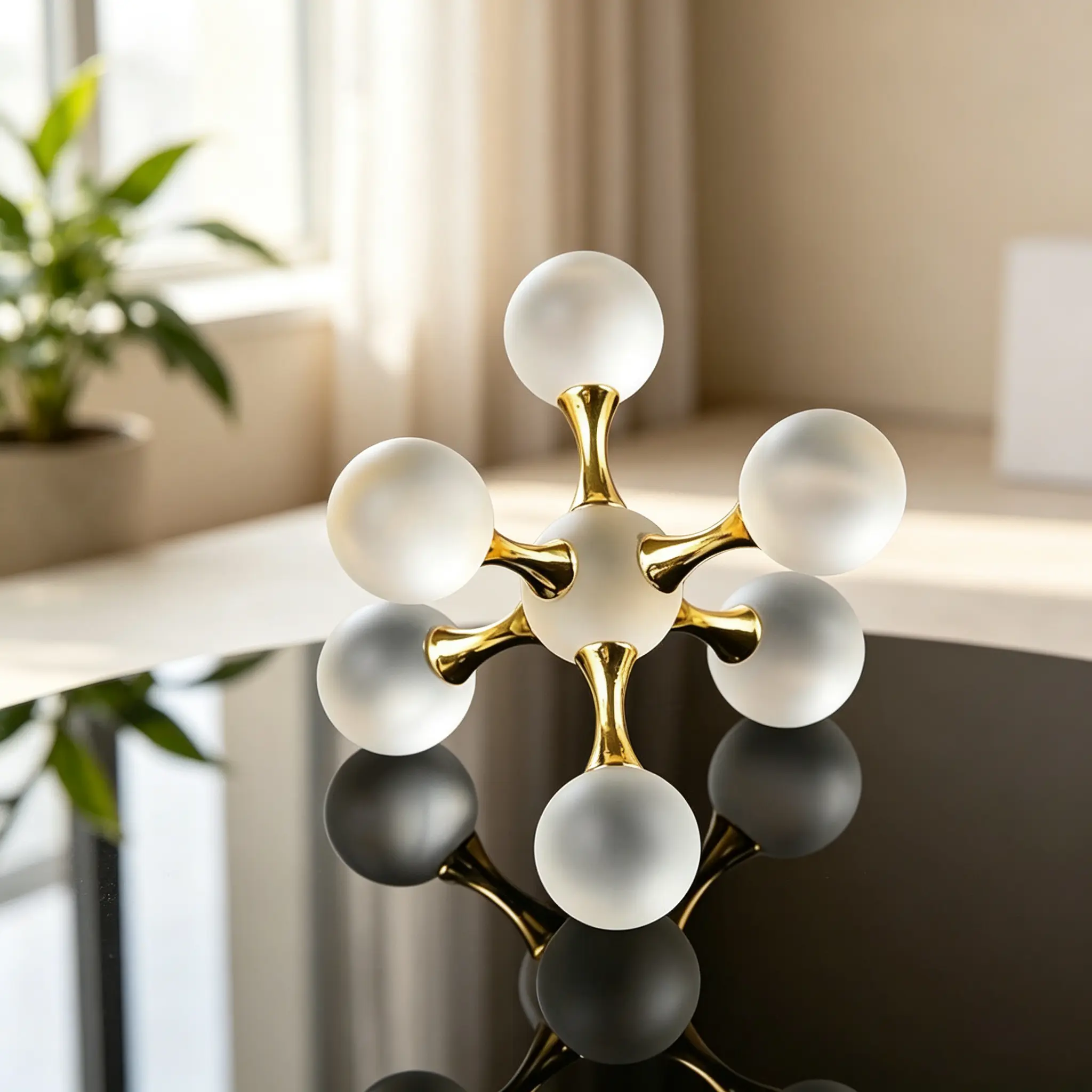 Geometric Molecule Crystal Sculpture Decor Polished Alloy Frame Bubble & Frosted Glass Minimalist Calm Desk Ornament Slow Living Aesthetic Housewarming Gift