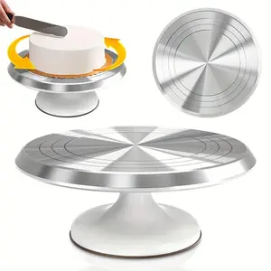 A 10-Inch Cake Turntable And Decoration Table in White And Pink, Designed for Home Baking, Featuring Rotating Tools for Cake Decorating