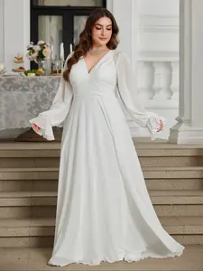 Women's Elegant V-Neck Lantern Sleeve Maxi Dress, Plus Size Recycled Fabric Formal Wear Party Gown, Waist Cinching Fitted A-Line Skirt