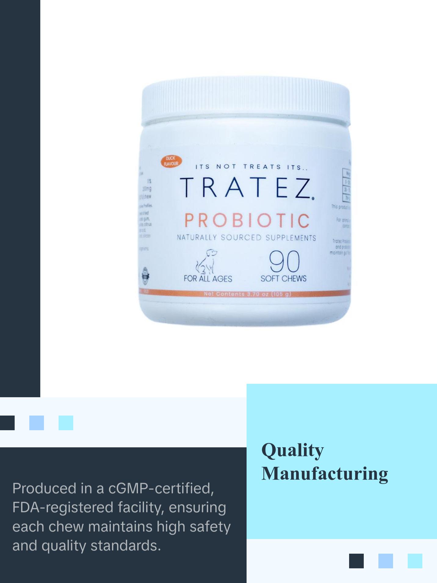TRATEZ Probiotic Supplement for Dogs - 90 Duck Flavour Soft Chews - Advanced Formula for Premium Gut Health, Digestive and Immune System Support