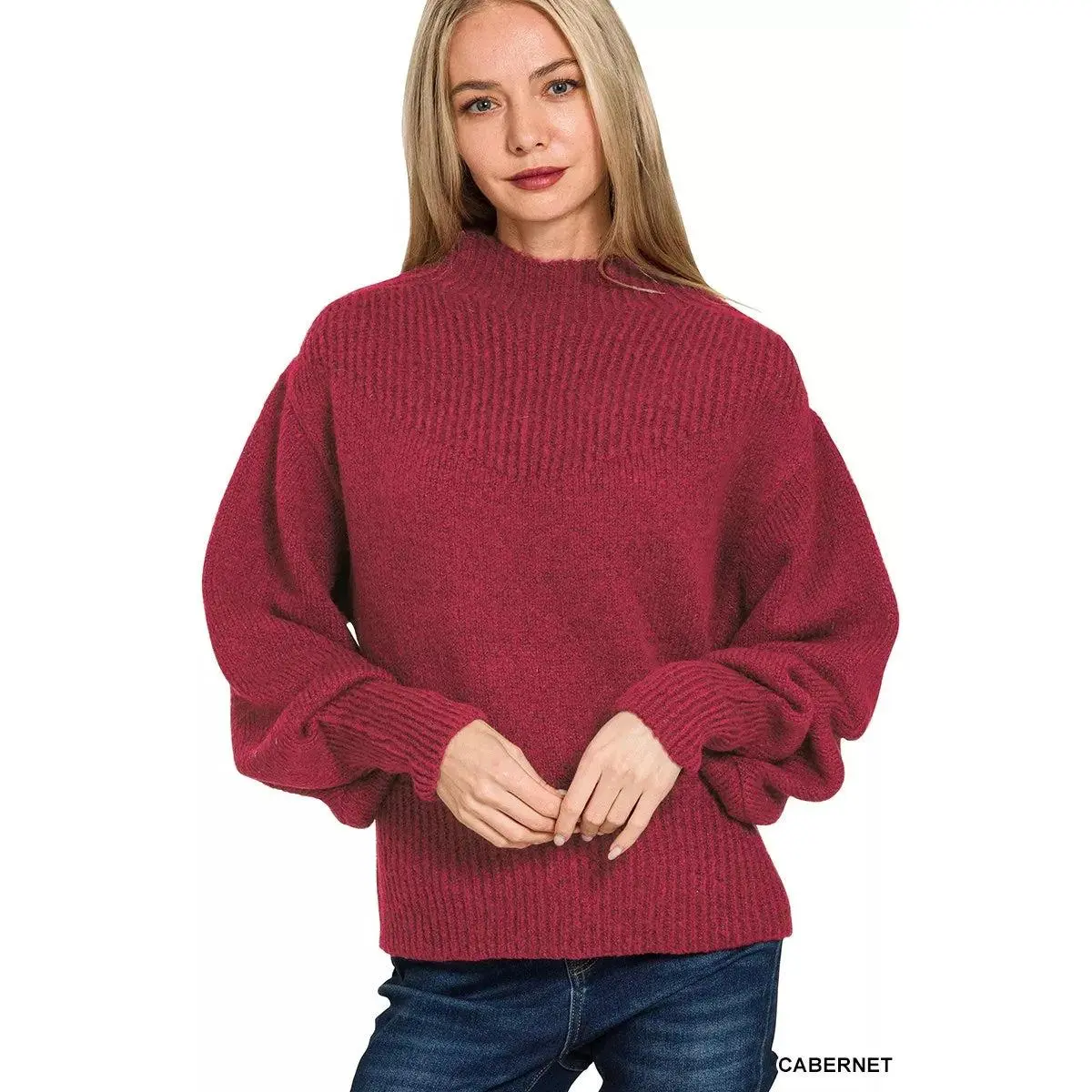 Zenana Balloon Sleeve Mock Neck Sweater