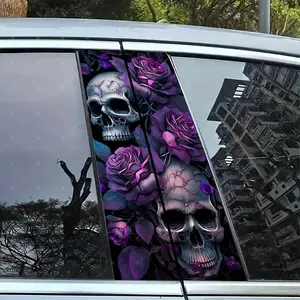 2pc Floral Skull Vinyl Stickers, Car B-Pillar Protection Decals, Easy Peel & Stick, Sunproof Waterproof Scratch-Resistant, All Car Models