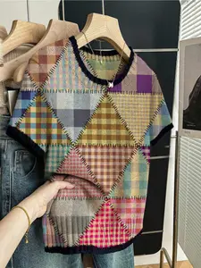 Women's Boho Colorblock Geometric Triangle Plaid Patchwork Round Neck Sweater, Casual Short Sleeve Knitwear for Spring Summer Fall