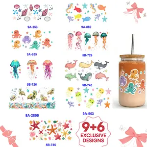 15pcs UV DTF Cup Wraps for 16 oz Cups - 15 Beautiful Themed Stickers Including 6 Mystery Patterns - Valentine's Day, St. Patrick's Day, Butterflies, Ocean, Flowers - 9 Exclusive Designs + 6 Random Stickers