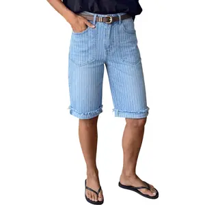 Flamingals Striped Raw Hem Patch Pocket High Rise Denim Bermuda Shorts Without Belt Stretchy 11.0'' Inseam