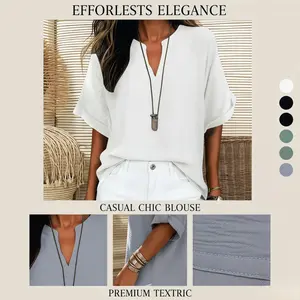 Efforlests Elegance Spring 2026 Fashion Printed Women's V-Neck Short Sleeve T-Shirt Casual Chic Blouse Premium Textile