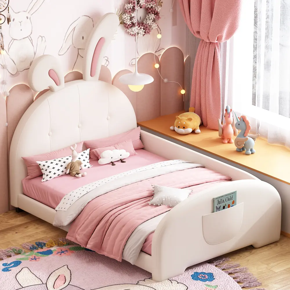 Twin-Size Rabbit-Shape Princess Upholstered Platform Bed Frame with Headboard and Footboard