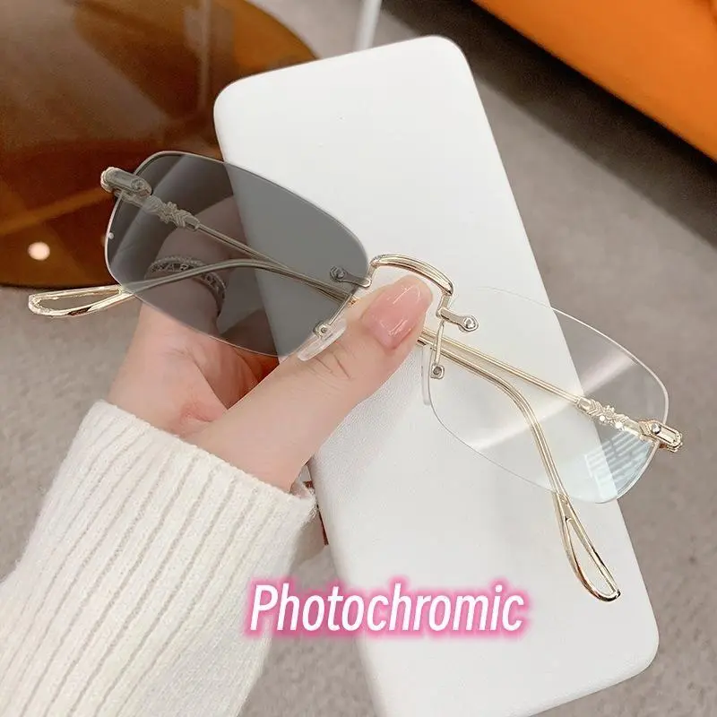 Unisex Rimless Myopia Glasses with Photochromic Rectangle Frames, Auto-Adjusting Chameleon Lens, High Definition Anti-Blue Light Lenses, -0.5 to -4.0 Strength, Anti-Blue Women's Frames, Blue Light Blocking Lens