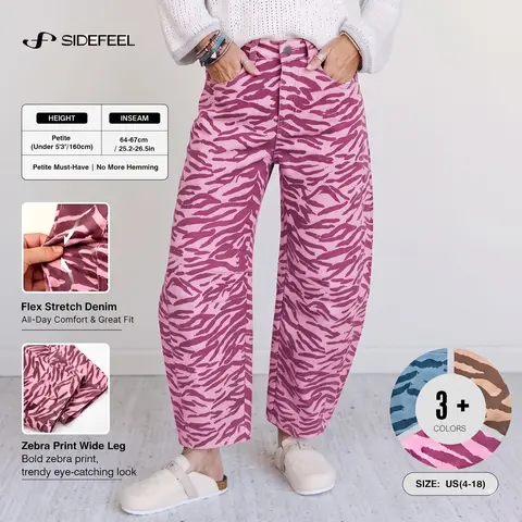 Sidefeel Women's High Waisted Stretchy Barrel Zebra Print Wide Leg Jeans - Petite Cropped Ankle Length, Button-Accented, Casual Loose Denim Pants with Pockets, Retro Y2K Streetwear for Fall Outfit