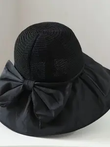 Women's Summer Wide Brim Sun Hat, Straw Patchwork Bowler Cap, UV Protection Breathable Sunshade, Lightweight Foldable Outdoor Hat
