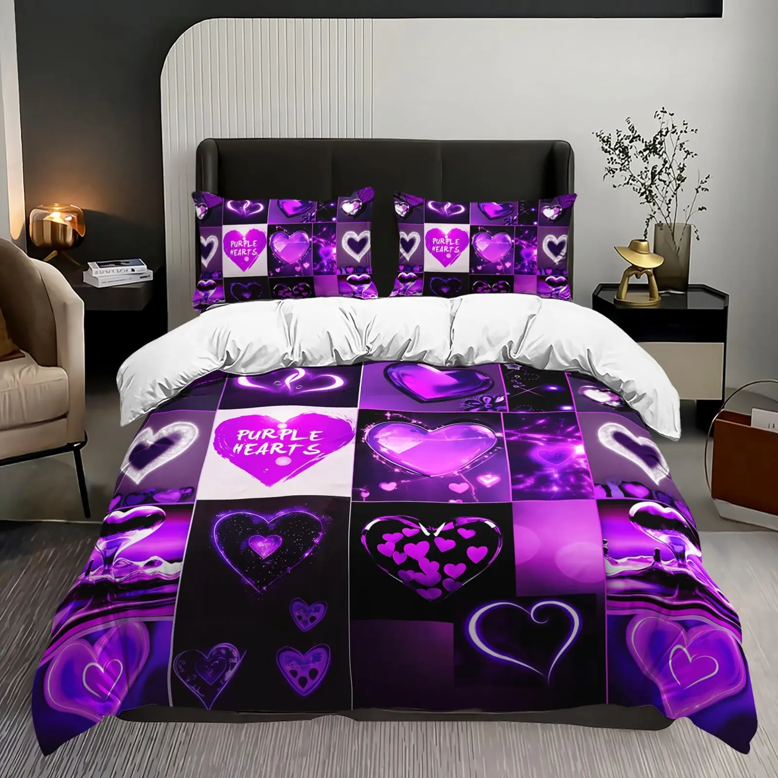 3pcs Fantasy Heart Patchwork Decorative Bedding Set, Duvet Cover + 2 Pillowcases, Polyester, Perfect for Girls' Bedrooms & Romantic Themedrooms, Bed Sets