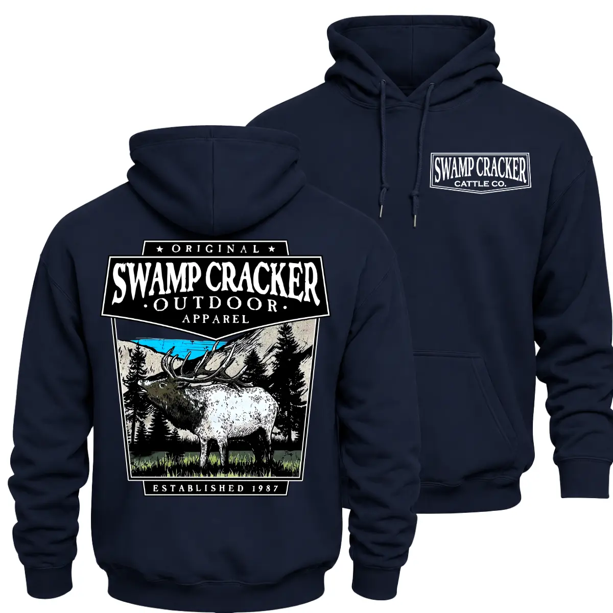 Swamp Cracker Elk Hunting Hoodie, Original Outdoor Apparel Est 1987 Bull Elk Mountain Graphic Pullover, Front Chest Logo and Large Back Print Western Hunting Outfit Gift for Men and Women