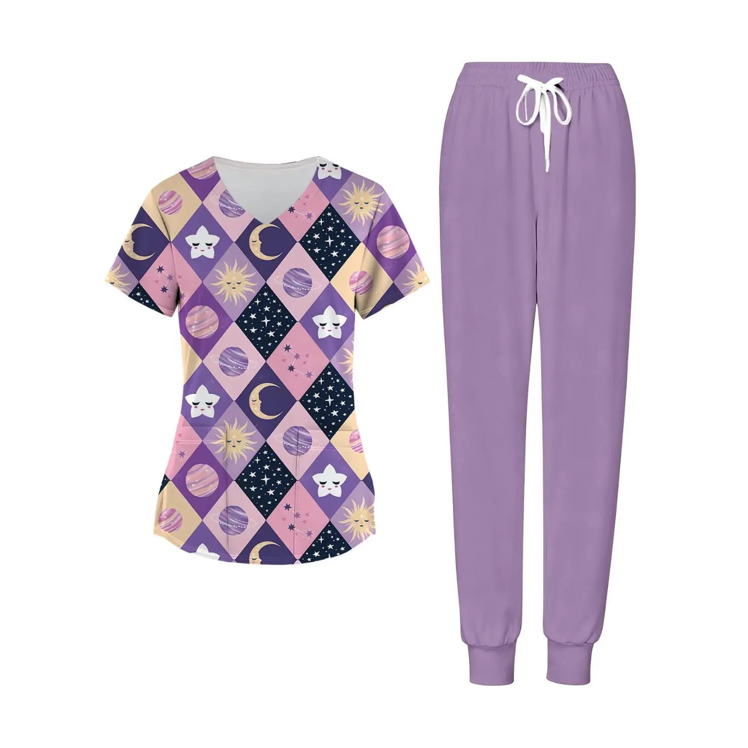 2-Piece Set: Purple Diagonal Stripe Moon & Star Embossed V-Neck Short Sleeve Top with Matching Purple Lounge Pants - Perfect for Home Relaxation or Caregiver Uniform