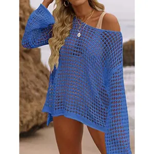 Women's Solid Crochet Hollow Out Side Split One Shoulder Cover Up, Fashion Casual Drop Shoulder Long Sleeve Top for Women Beach Holiday Vacation, Women's Summer Back To School Clothing,  Cover Ups for Beach