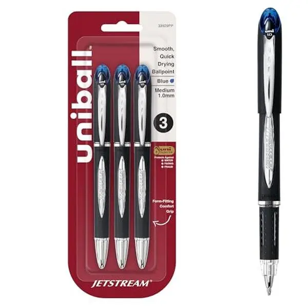 uniball Jetstream Ballpoint Pens, Medium Point (1.0mm), Blue, 3 Pack