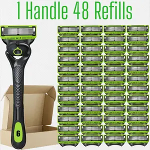 Men's shaving razor set, 1 ball joint swing handle and 12/24/36/48 refills,6-layer progressive blades, integrated blade head frame, no pulling of beard, sealed packaging waterproof and rustproof, the blade is very sharp, smooth shaving