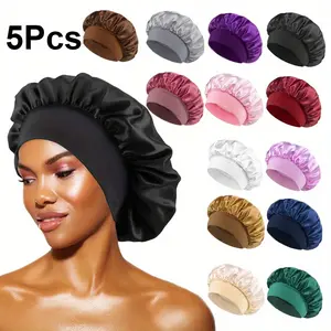 5Pcs/Pack Women's Satin Solid Bonnets Wide-brimmed Night Sleeping Bathing Hat Head Wrap Elastic Band Cap Hair Care Bonnet