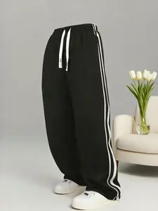 Trendy Plus Size Black Track Pants for Men Oversized Wide-Leg Sweatpants Up to 340lbs Cream Stripes Comfy Streetwear Comfortable Fit Stylish Design