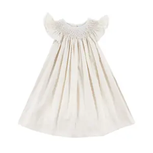 Geo Smocked Tan Gingham Angel Sleeve Dress