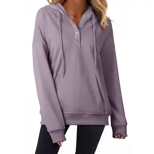 Women'S Hoodie Sweatshirt Long Sleeve 1/4 Button Closure Drawstring Pullover Hooded Tops