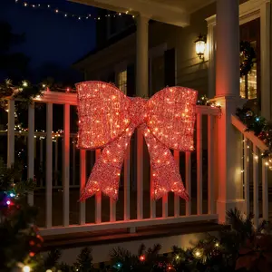 Giant Pre-Lit Christmas Bow - 124 Warm White LED Lights on Metal Frame, Weatherproof for Outdoor Door/Wall Decor