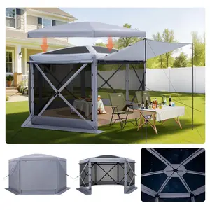 VEVOR 12x12 ft Pop-Up Gazebo Screen Tent, 6-Sided Camping Canopy with Removable Top & Carry Bag, Quick-Set Bite-Proof Sun Shelter for 8-10 Persons, Grey Backyard Patio Screen House