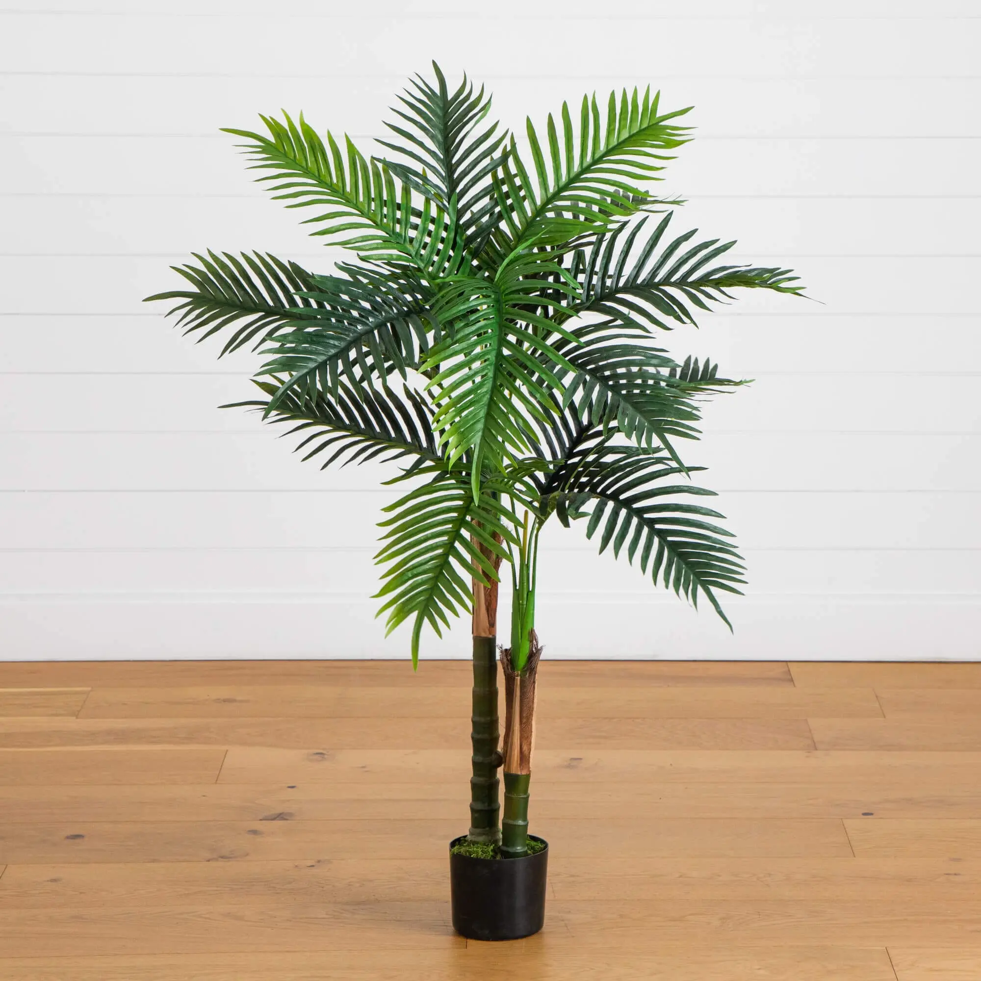 4-ft UV-Resistant Synthetic Double Trunk Robellini Palm Tree, Adjustable Long-Lasting Home Decor Accessory, Outdoor Safe for Indoor-Nursery Planter Display