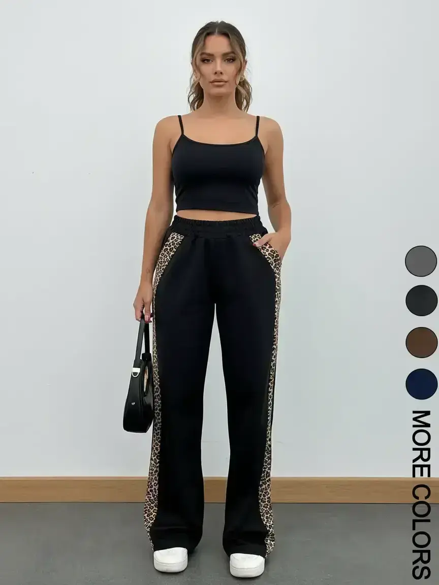 Women's Casual Leopard Print Side Stripe Knit Fitted Straight Leg Pants with Pockets, All Season Fashion Bottoms for Daily Wear, Everyday, Fabric, Chic Casual Style