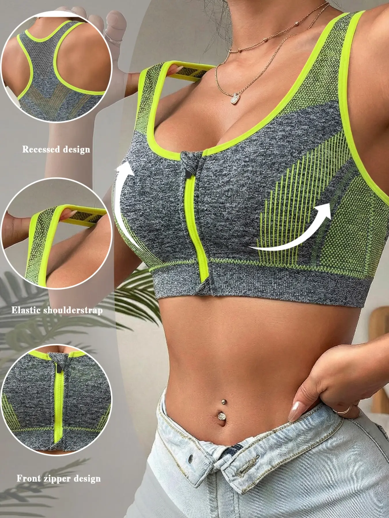 Women’S Front Zipper Racerback Sports Bra, Exercise Bra, Yoga Bras, Running Workout Bras, Seamless High Elastic Fabric, Wire-Free Design, Push Up Support, Anti-Sagging, Breathable Mesh, Perfect For Workout And Daily Wear
