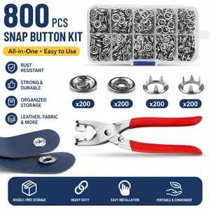 800PCS Metal Snap Kit – Fastener Pliers Tool with 200 Sets 3/8” Snaps, Stainless Steel Buttons for DIY Crafting, Clothing, Leather – Complete Installation Set