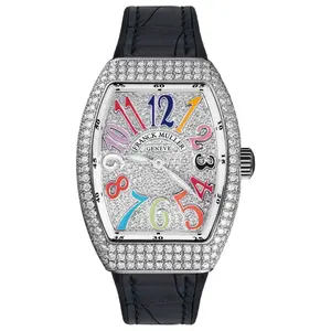 Franck Muller Vanguard V32 Quartz Stainless Steel Aftermarket Full Diamond Paved Case and Dial Multicolor Arabic Numerals Ladies Watch WHT031902