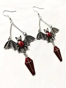 [Retro Gothic Halloween Earrings] 1pair Retro Exaggerated Bat Coffin Dangle Earrings, Gothic Halloween Earrings, Holiday Party Gift