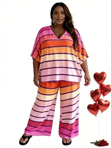 【Plus Size】 Two-piece Set Striped Print Batwing Sleeve Tee & Wide Leg Pants, Casual Style V Neck Half Sleeve Top & Trousers for Daily Wear, Trendy Women's Two-piece Outfits for Summer, Striped Sets, Womenswear