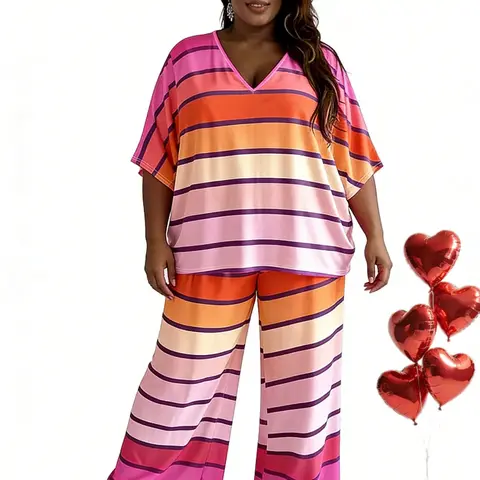 【Plus Size】 Two-piece Set Striped Print Batwing Sleeve Tee & Wide Leg Pants, Casual Style V Neck Half Sleeve Top & Trousers for Daily Wear, Trendy Women's Two-piece Outfits for Summer, Striped Sets, Casual Loungewear Set, Womenswear