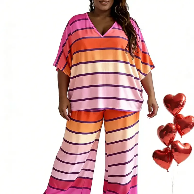 【Plus Size】 Two-piece Set Striped Print Batwing Sleeve Tee & Wide Leg Pants, Casual Style V Neck Half Sleeve Top & Trousers for Daily Wear, Trendy Women's Two-piece Outfits for Summer, Striped Sets, Casual Loungewear Set, Womenswear