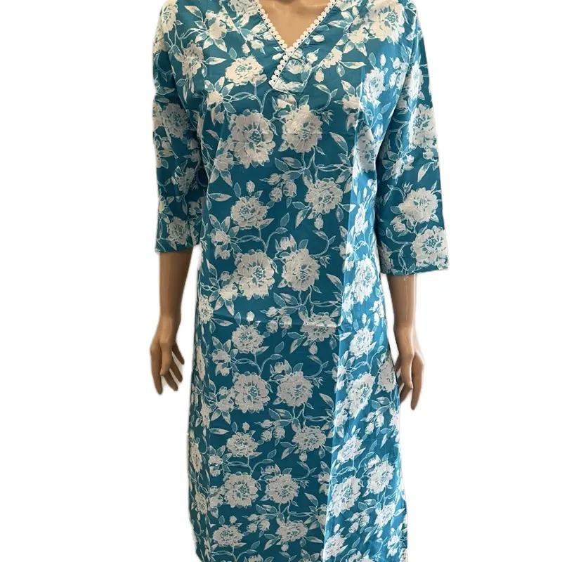 Women's Simple Floral Print Kurti Tunic, Comfortable V-Neck Cotton Top with 3/4 Sleeve for Casual Wear and Traditional Events