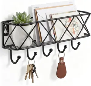 Key Holder for Wall Decorative, Entryway Key Hooks, Wall Mounted Key Rack with 5 Hooks, Metal Wire Mesh Basket Mail Holder, 9.8”Lx2.1”Wx4.1”H