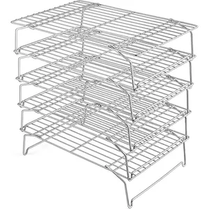 15IN x 10IN Cooling Baking Rack Set of 5, 5-Tier Stackable Stainless Steel Wire Baking Cooking Racks Set for Cookie, Pizza, Cup Cake, Raised & Folding Feet