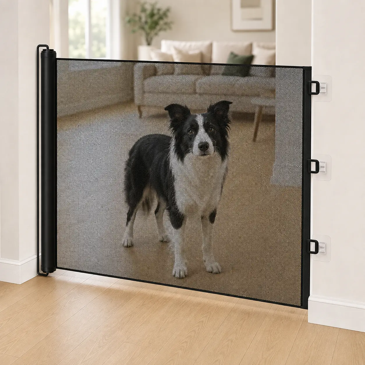Retractable Pet Gate for Dogs & Cats, No-Drill Reinforced Fabric Mesh Barrier, Portable Indoor/Outdoor Safety Gate for Doorways, Stairs and Living Rooms
