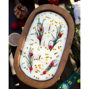Festive Holiday Wood Dough Bowl Candle